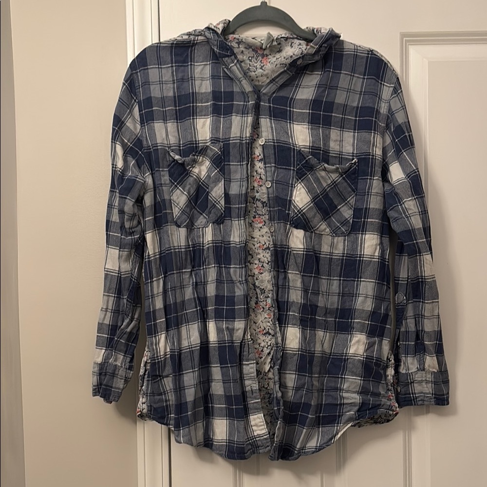 Blue and White Plaid Hooded Shirt